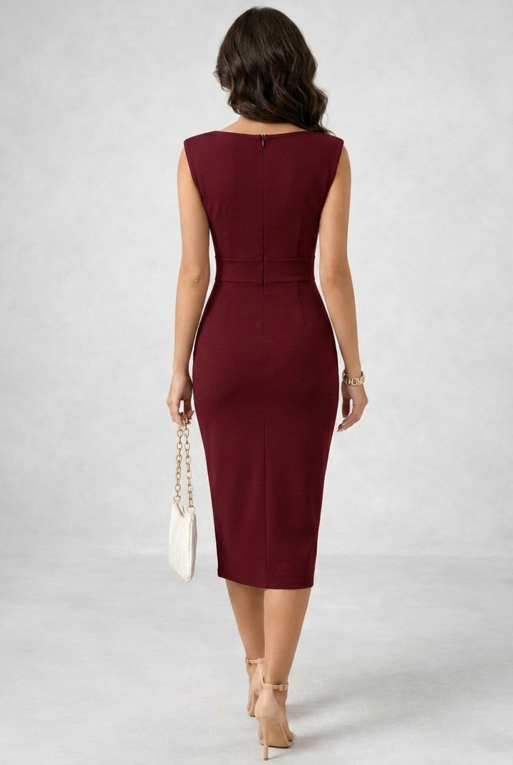 Black elegant cowl neck midi dress. Women's sophisticated sleeveless cocktail party dress for special occasions.