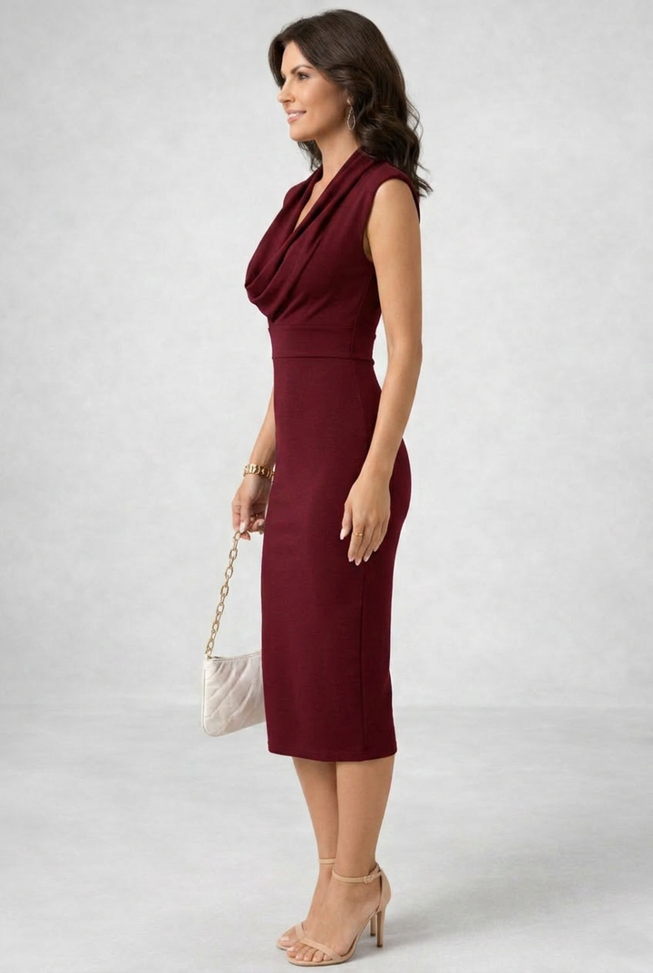 Fitted cowl neck midi dress in white. Women's sleeveless elegant pencil dress for glamorous events.