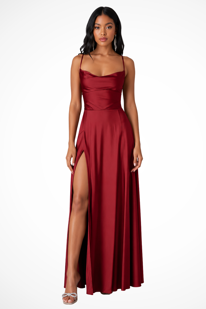 Women's elegant cowl neck side slit maxi dress, perfect for wedding guests or formal evening events.
