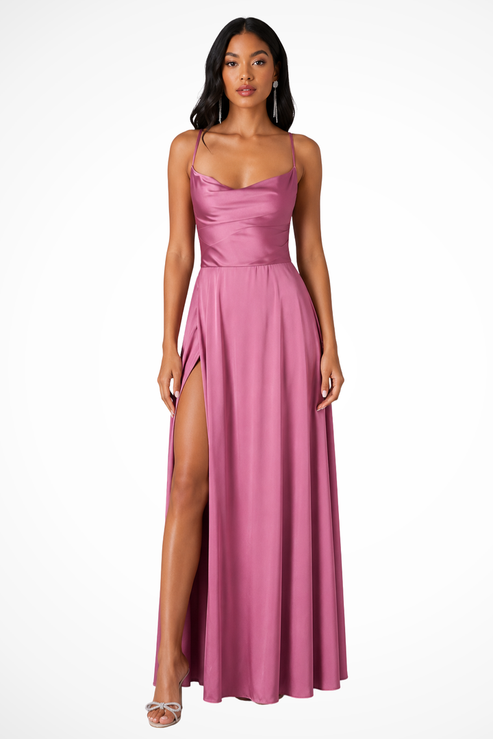 Sophisticated women's evening dress, a cowl neck maxi with a high side slit, suitable for formal events.