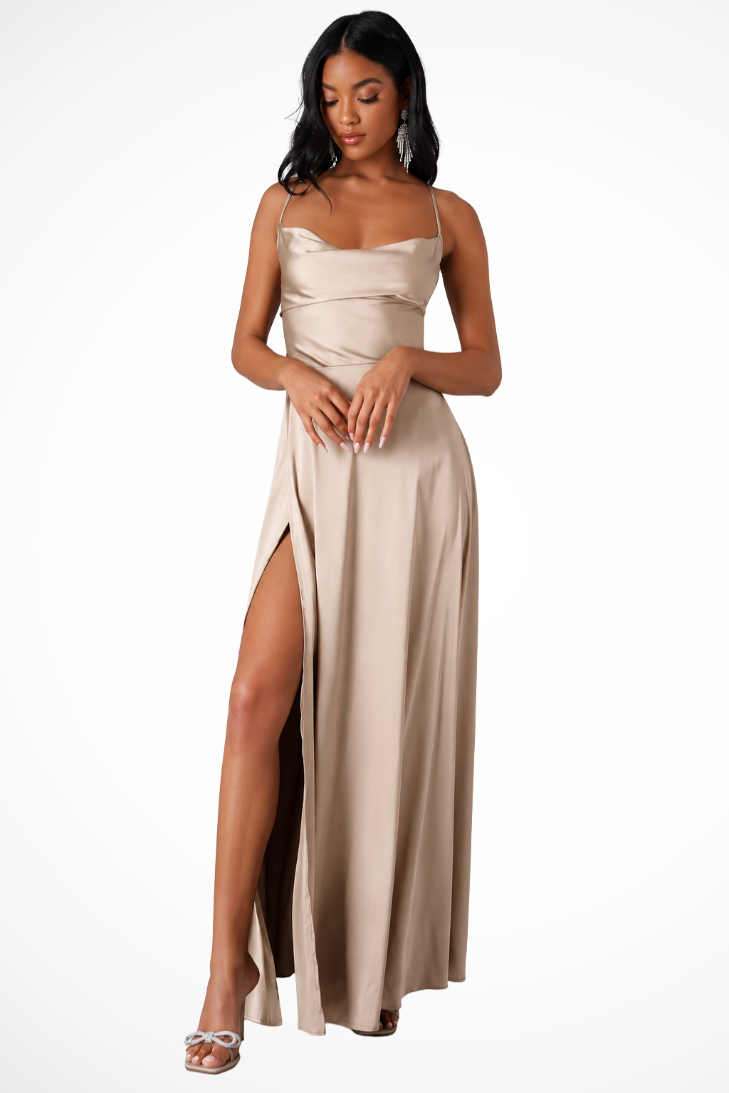 Fashionable women's cowl neck maxi dress with side slit, perfect elegant attire for wedding guests.