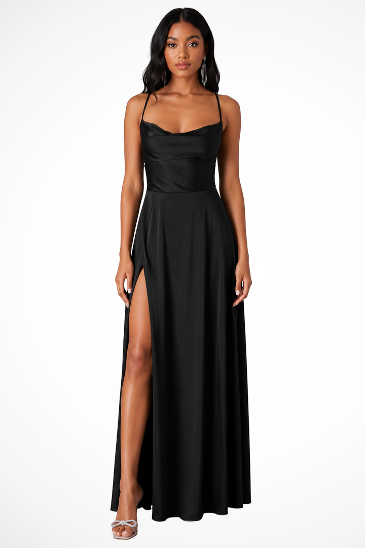 Long women's cowl neck dress with elegant side slit, ideal maxi dress for wedding guests & formal events.