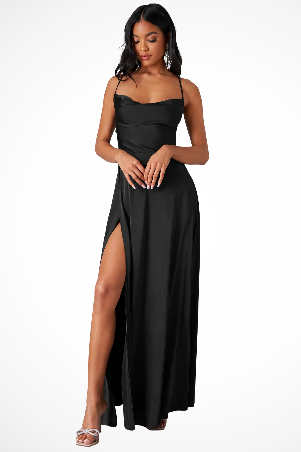 Women's elegant cowl neck maxi dress with side slit. Perfect formal wear for wedding guests & evening parties.