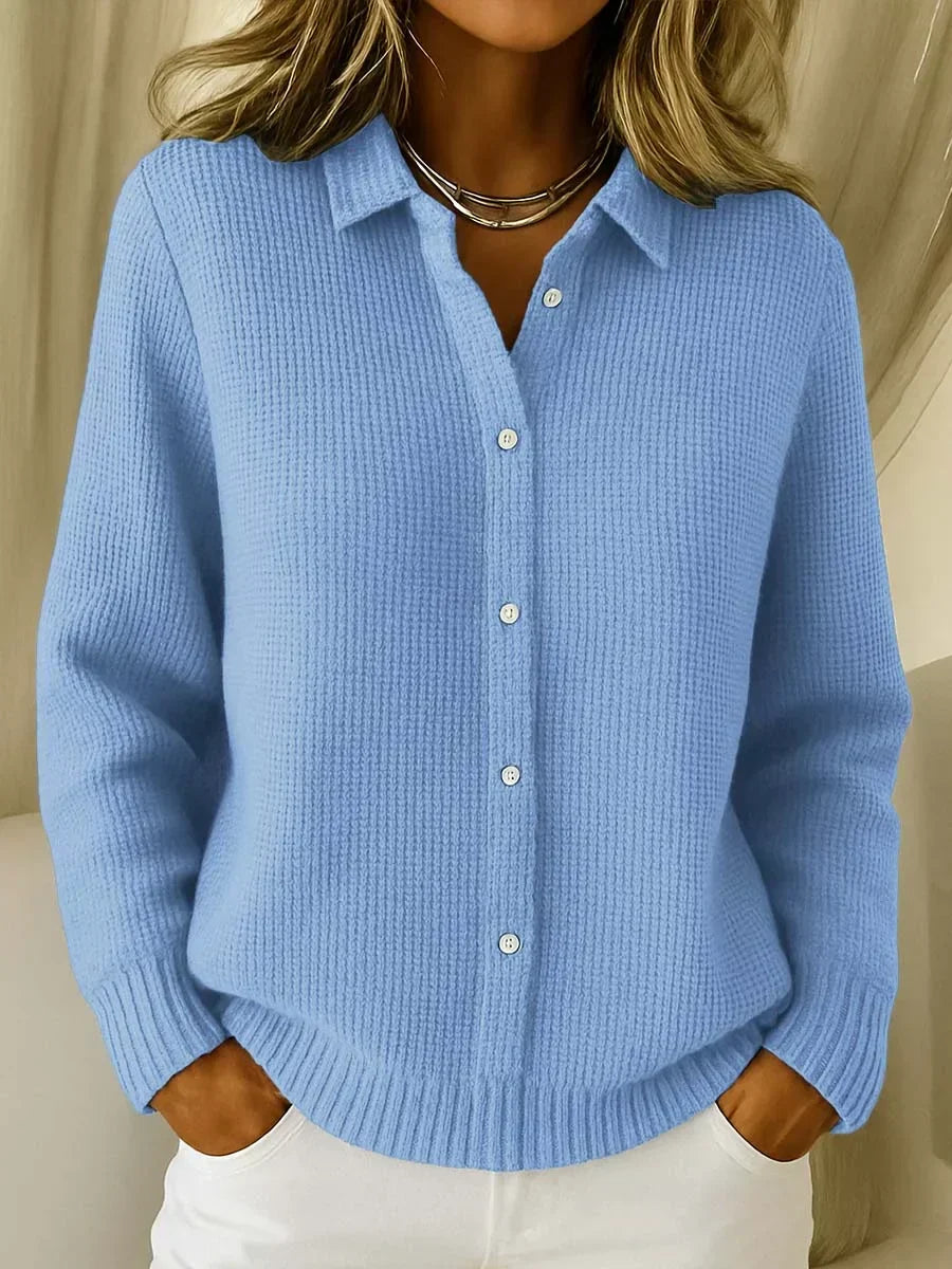 Women's elegant cozy button-front cardigan, a versatile long-sleeve layer for everyday chic fashion and comfort.