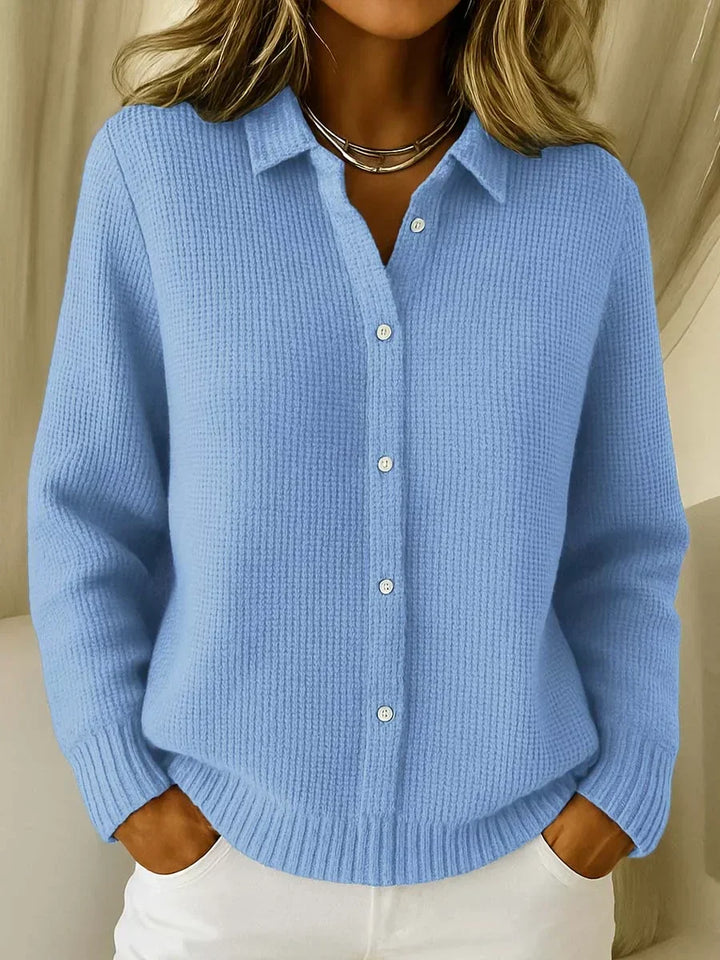 Women's elegant cozy button-front cardigan, a versatile long-sleeve layer for everyday chic fashion and comfort.