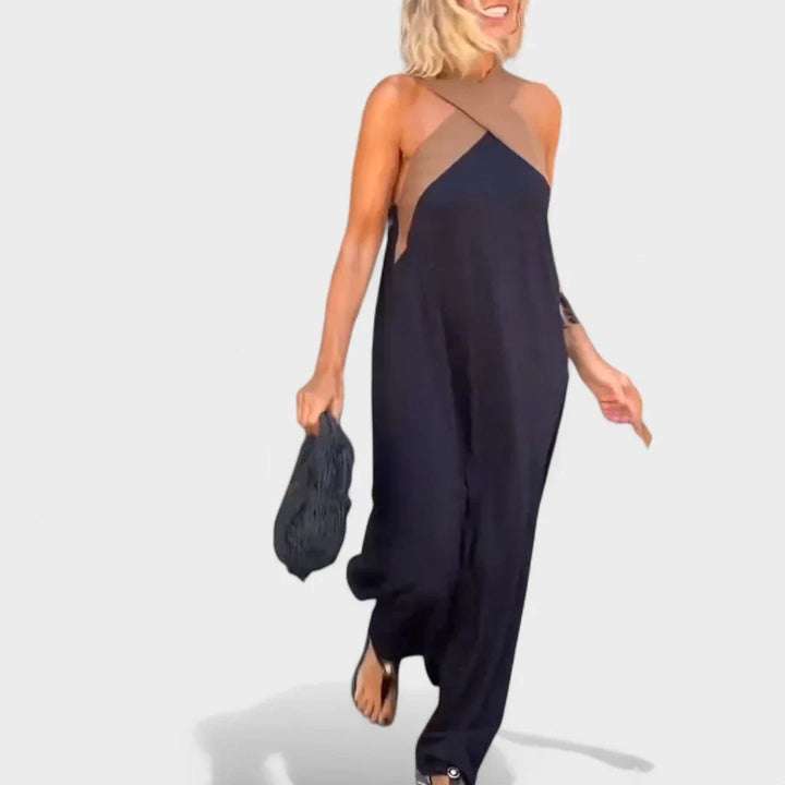 Striking cross-neck sleeveless maxi dress for women, an elegant choice for a summer evening.