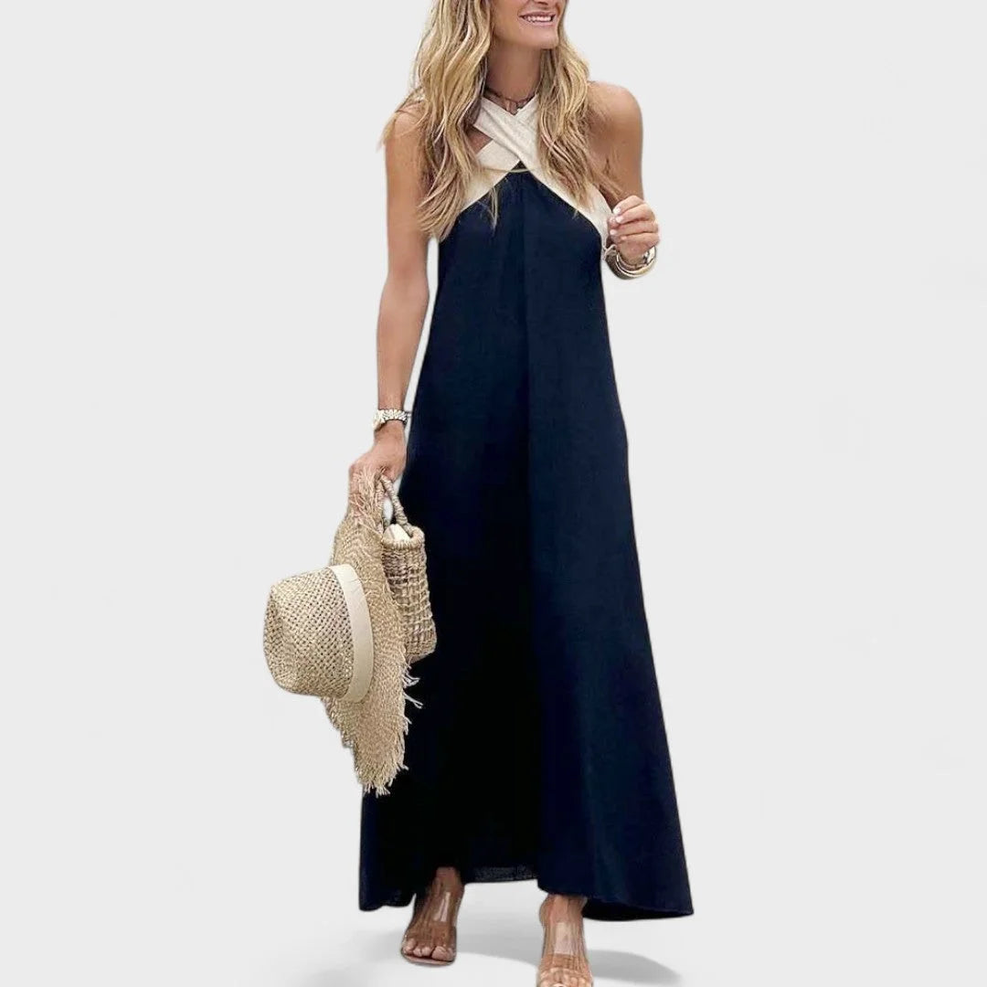 Women's two-tone elegant cross-neck sleeveless maxi dress, a versatile summer and evening option.