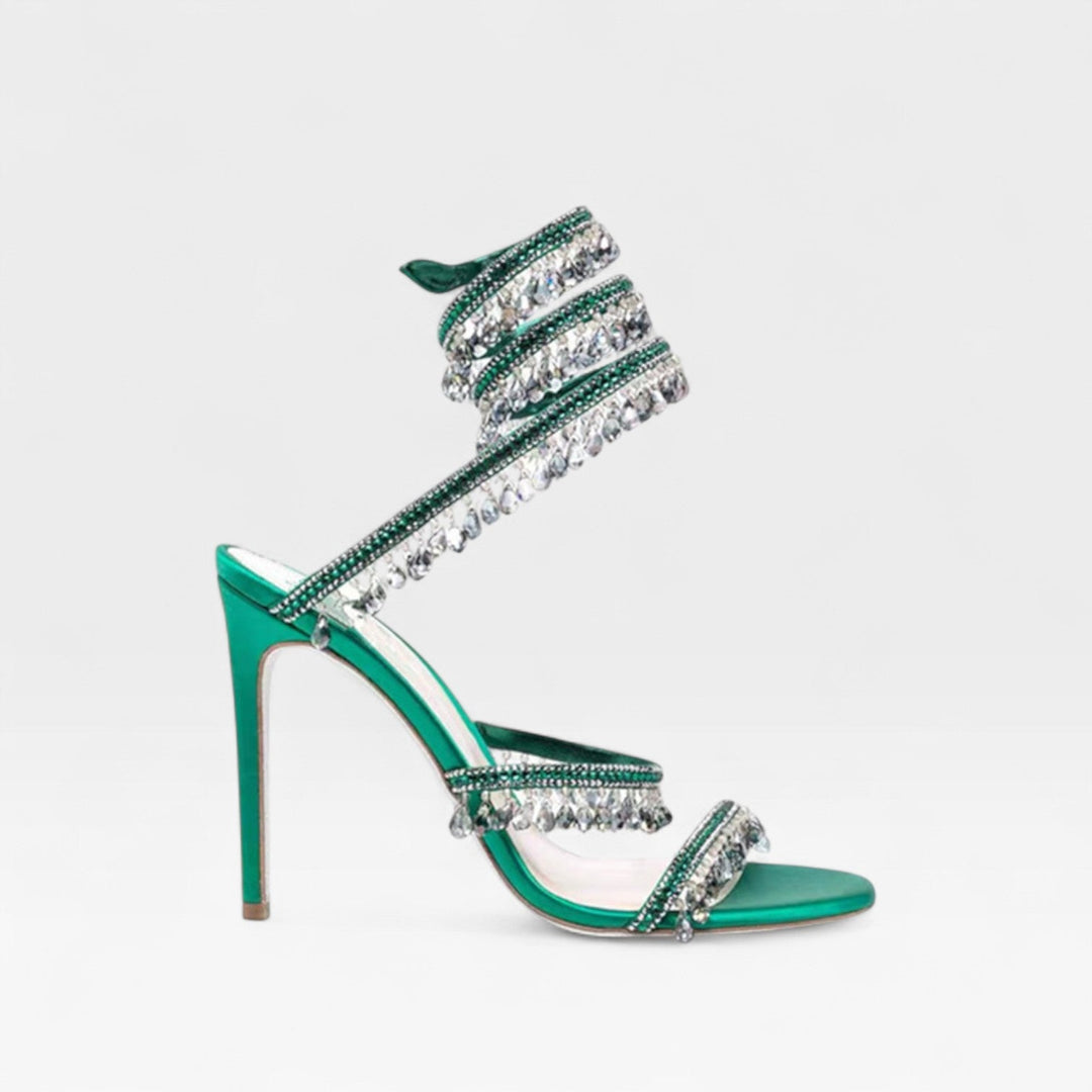 Designer-inspired luxury crystal strappy sandals, women's high heels for formal occasions.