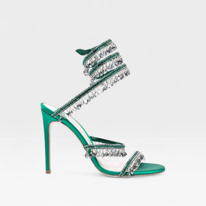 Designer-inspired luxury crystal strappy sandals, women's high heels for formal occasions.
