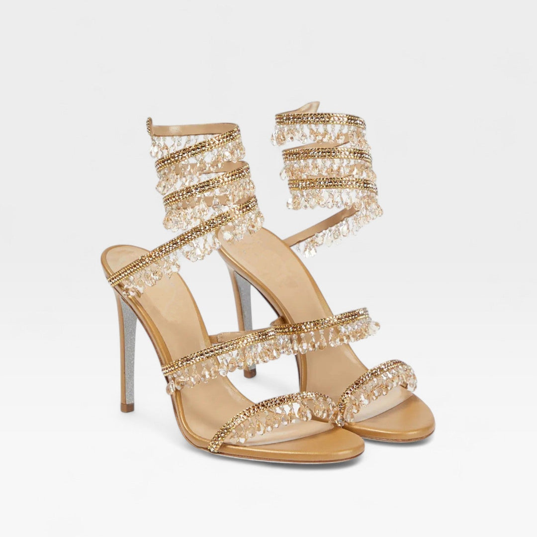 Crystal embellished strappy high heels, ideal women's luxury sandals for special occasions.