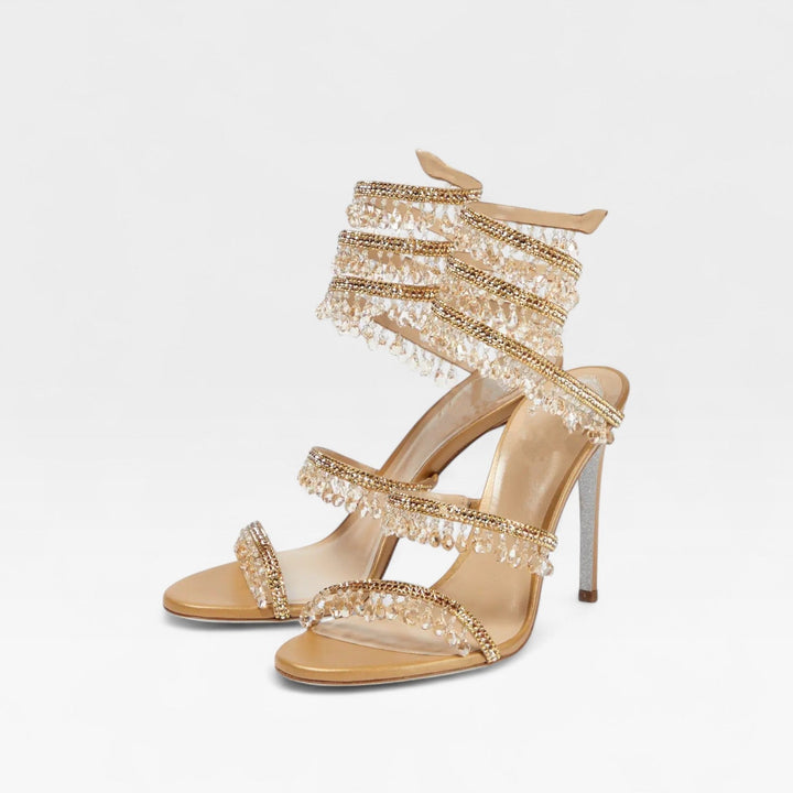 Women's formal dress sandals: delicate crystal strappy high heels for elegant evening attire.