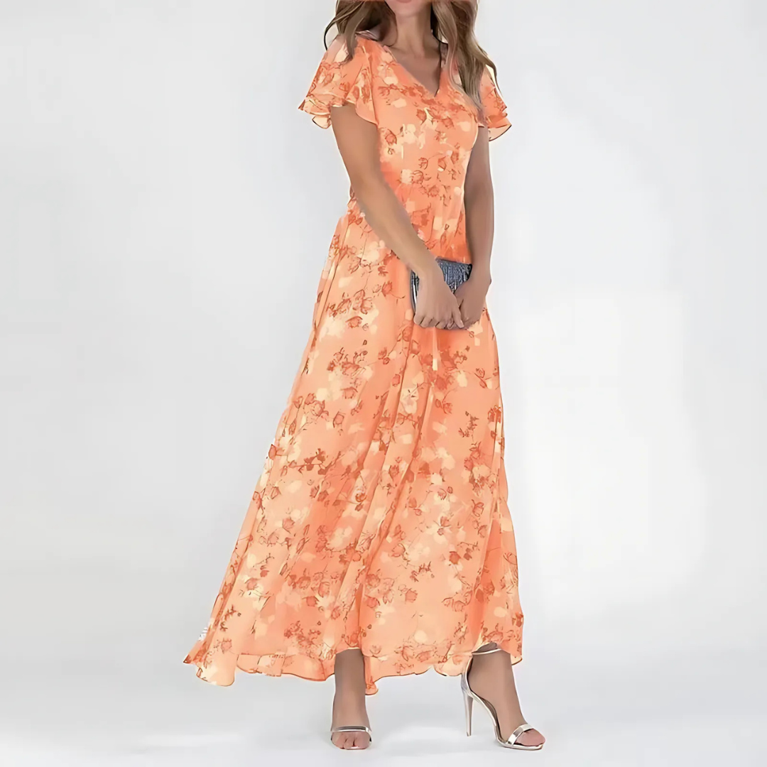 Women's elegant daisy floral summer dress, flattering cut for garden parties & chic casual style.