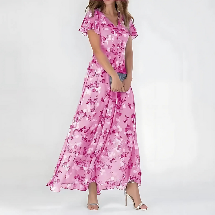 Flattering women's daisy floral midi dress, ideal for elegant summer fashion, spring parties, or a chic casual look.