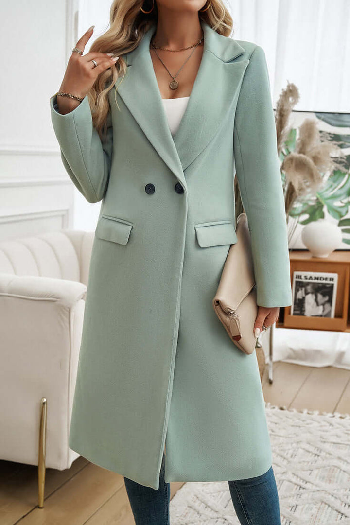 Classic women's long double-breasted coat, a sophisticated addition to any winter wardrobe.