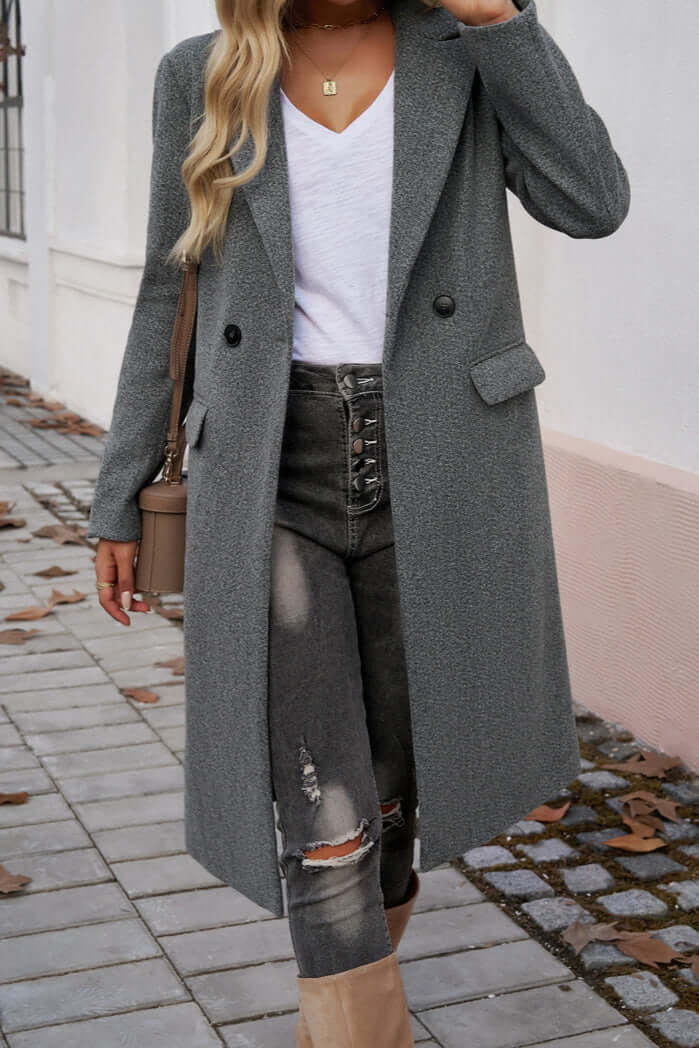 Elegant women's fall/winter long coat, double-breasted design for a chic sophisticated look.