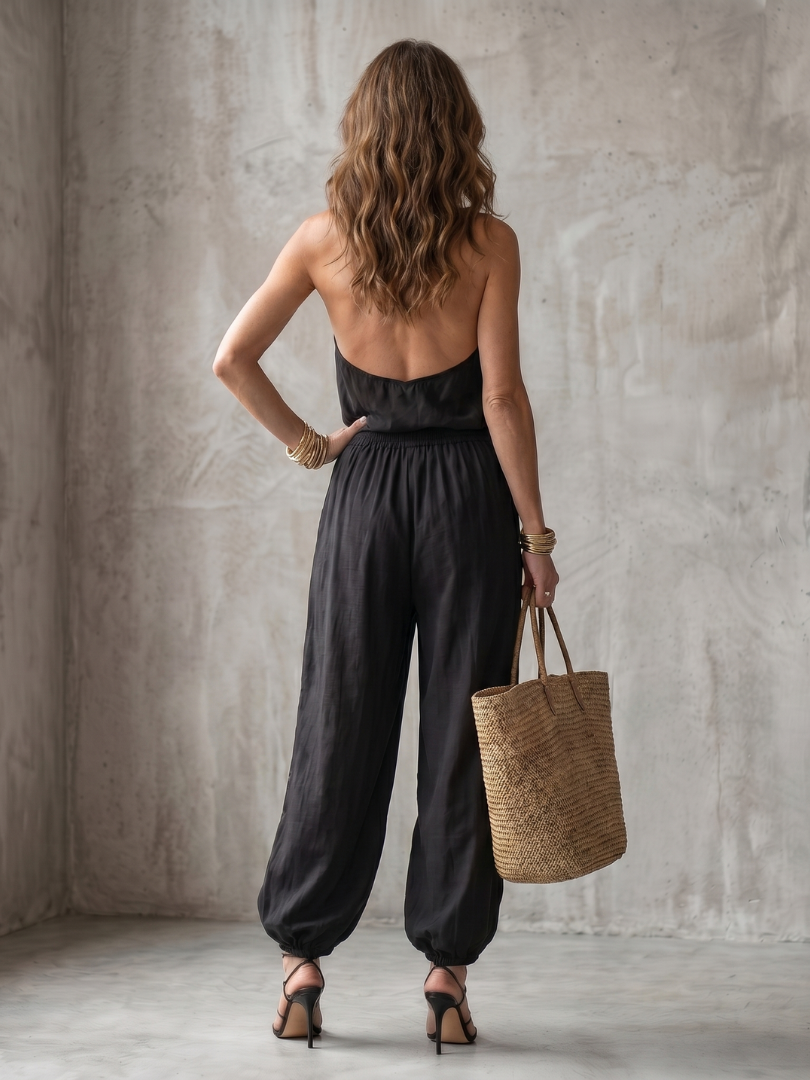 Stylish women's drape neck two-piece set with wide-leg pants. Elegant, comfortable & perfect for a chic summer look.