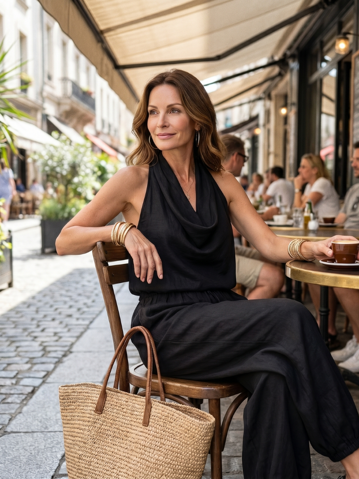 Full-body view of a women's casual chic drape neck sleeveless top & wide leg pants. Relaxed fit, elegant set.