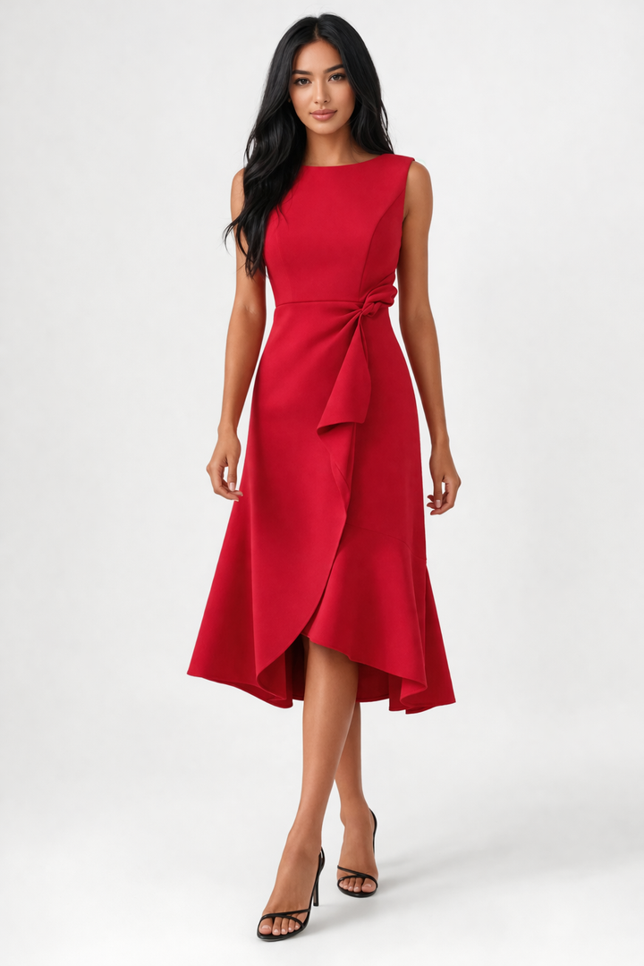 Stylish women's wedding guest midi dress with draped fabric & elegant asymmetric hem.