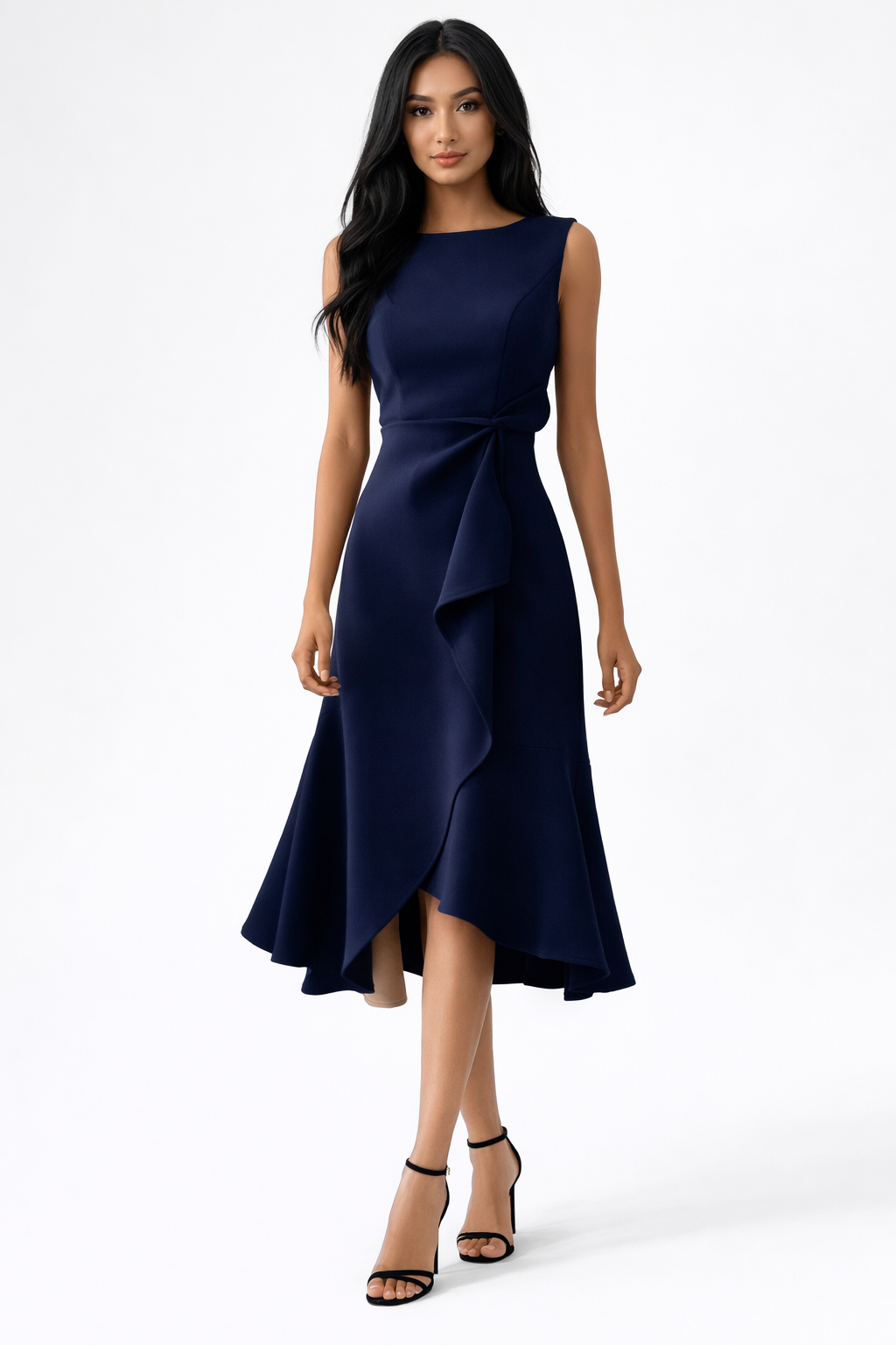 Formal women's evening midi dress, featuring a sophisticated draped asymmetric silhouette.
