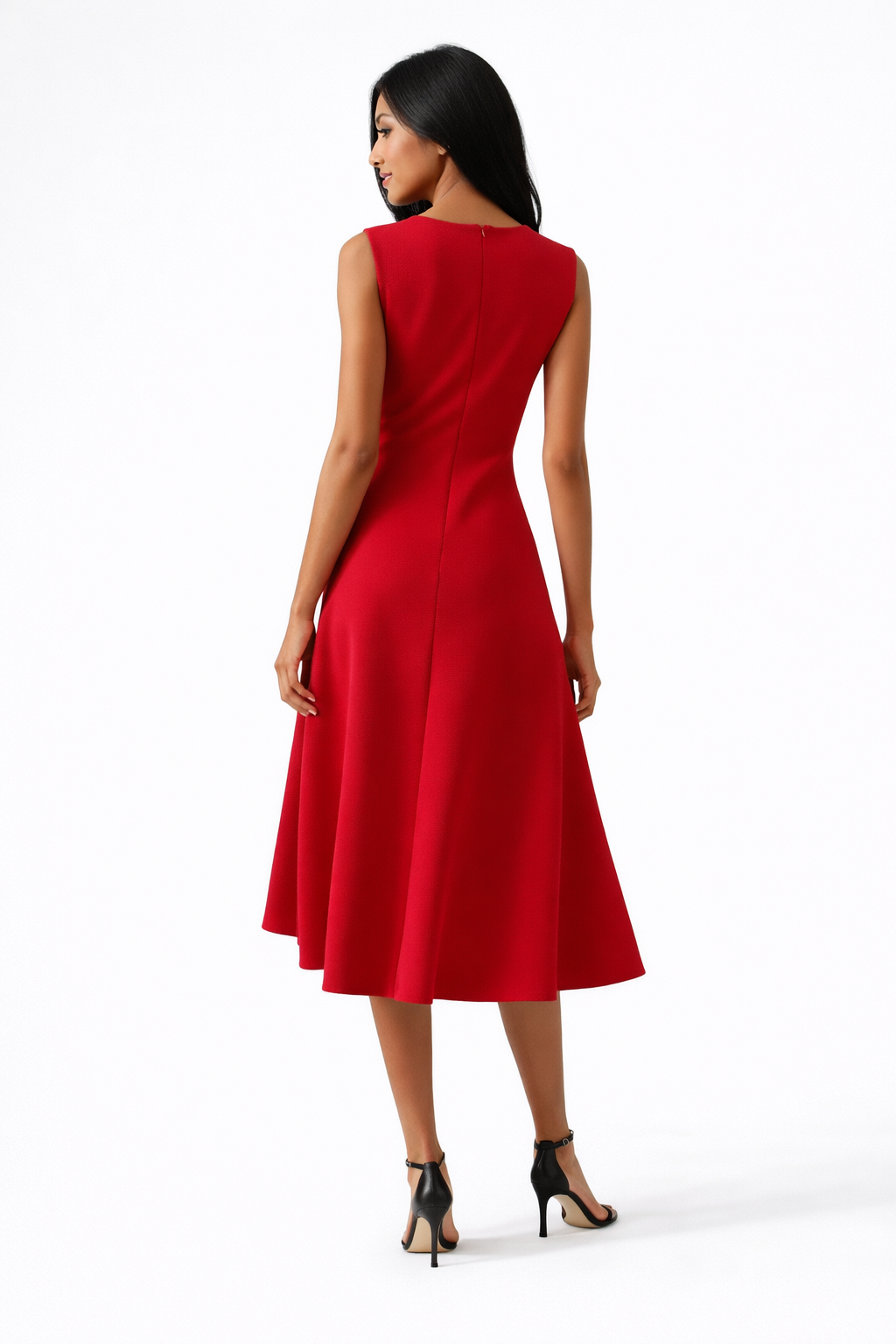 Elegant women's sleeveless midi dress, ideal for evening wear & formal wedding guests.