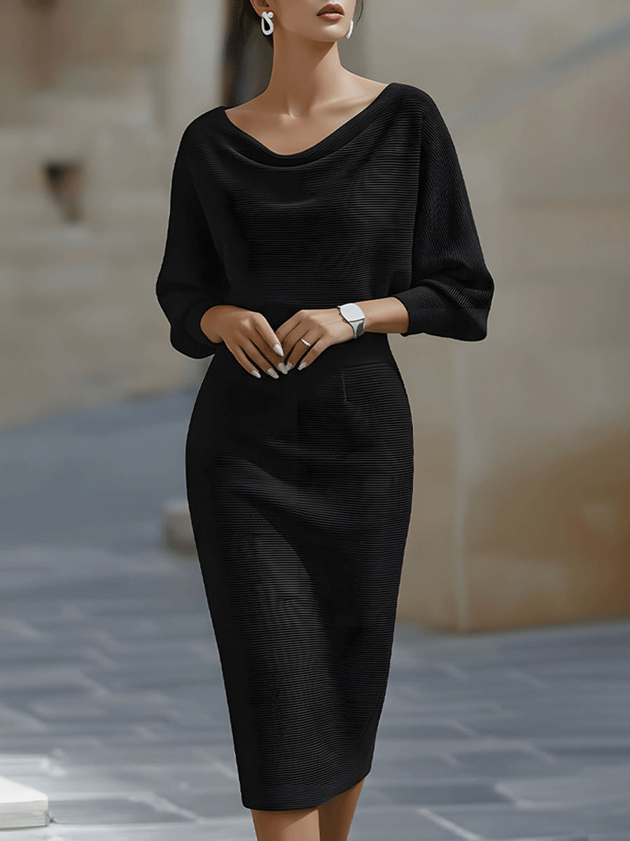 Stylish women's batwing sleeve midi dress with a chic draped design. Ideal for formal wear.