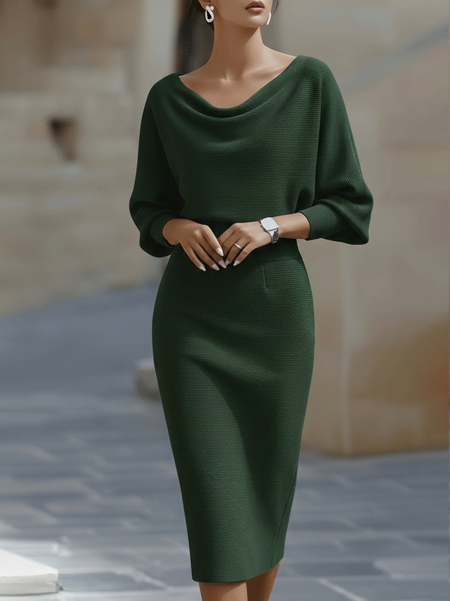 Elegant cowl neck midi dress for women, featuring sophisticated batwing sleeves and draped fabric.