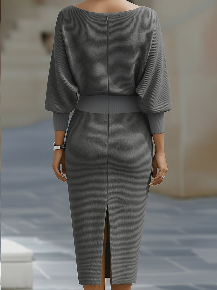 Formal women's midi dress with unique batwing sleeves and elegant draping. Cowl neck detail.