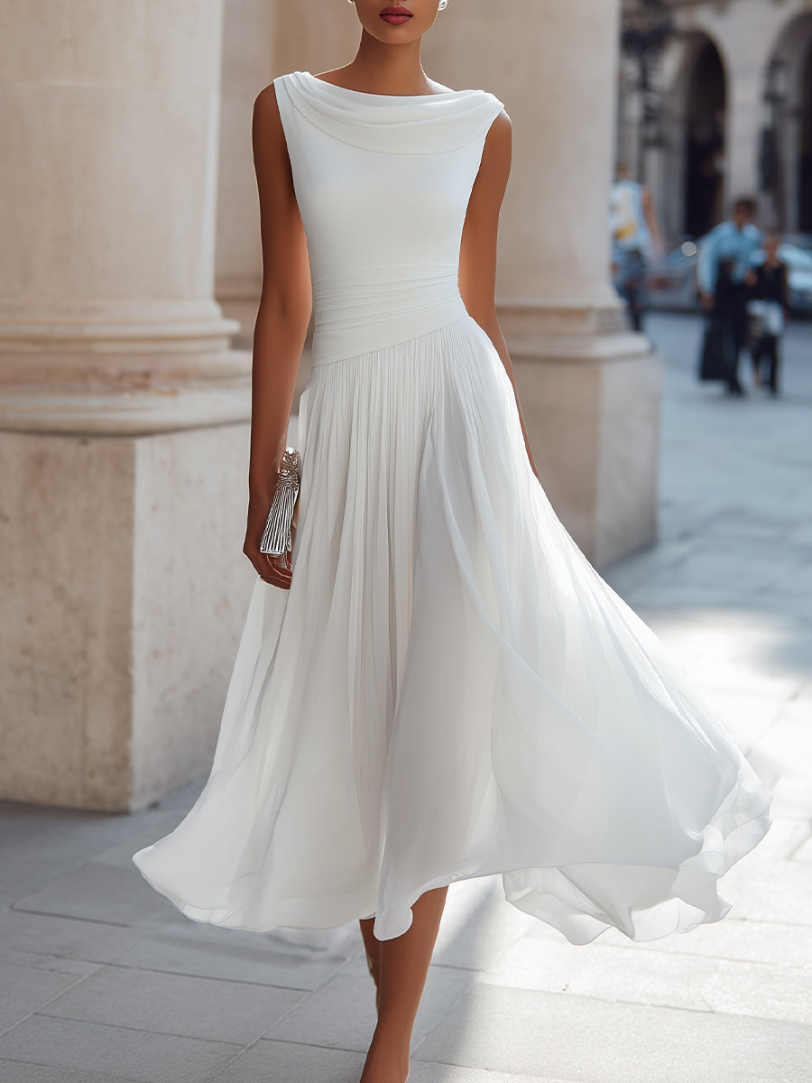 Women's elegant draped boat neck midi dress, perfect for wedding guests & formal occasion wear.