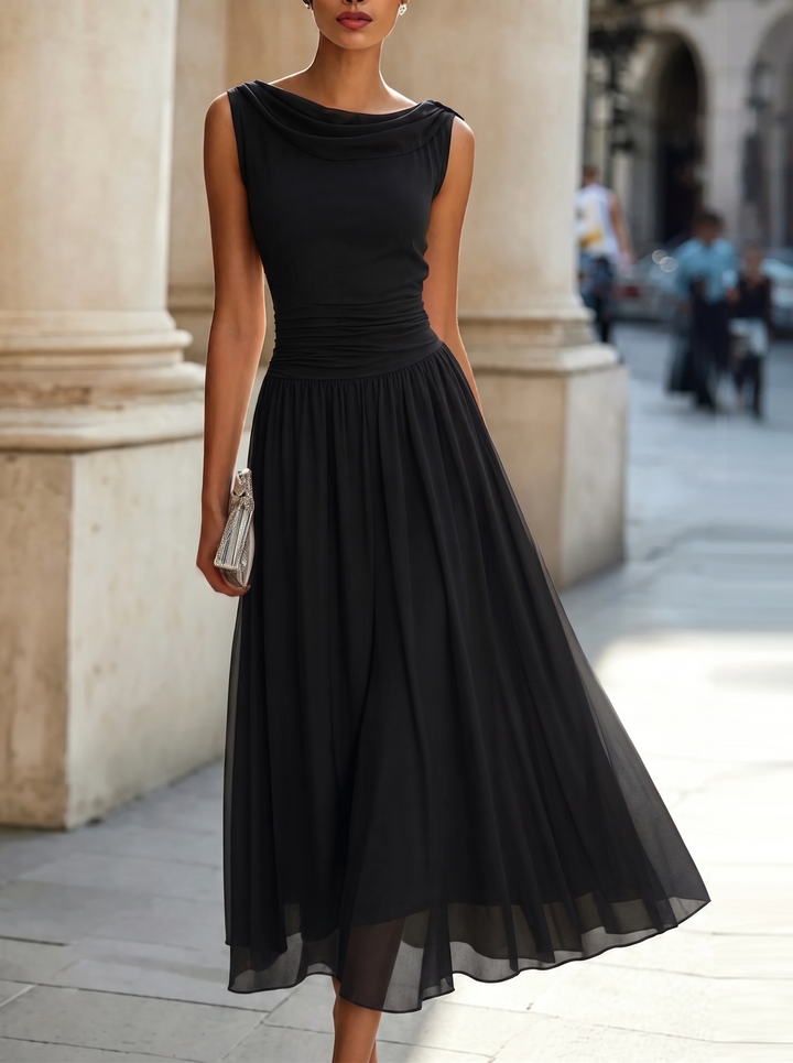 Elegant wedding guest midi dress for women, showcasing a stylish draped boat neck and chic silhouette.
