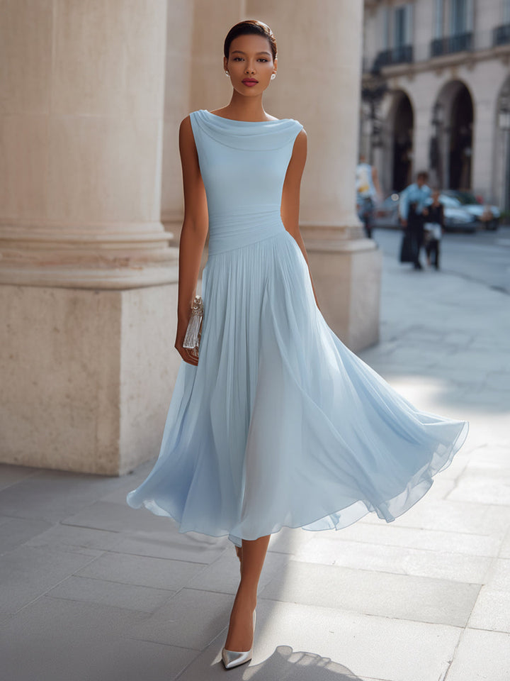 Sophisticated women's midi dress with a unique draped boat neck, a beautiful choice for formal occasion wear.