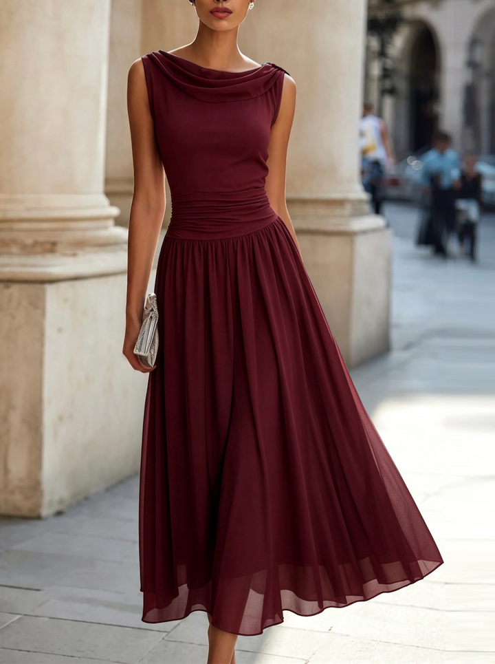 Draped boat neck women's party midi dress, offering timeless elegance and a comfortable fit for celebrations.