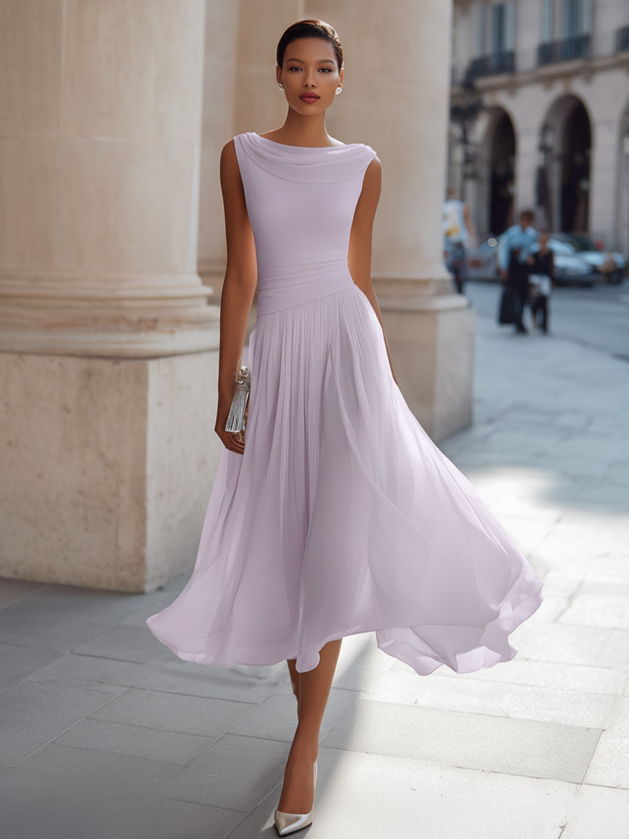 Stylish women's sleeveless midi dress, perfect as an elegant wedding guest outfit with a draped boat neckline.