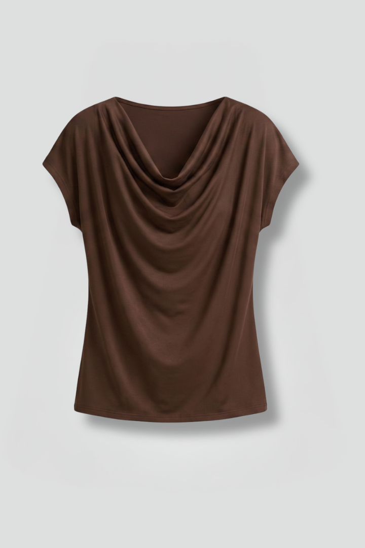 Women's elegant draped cowl neck blouse with short sleeves, perfect for casual chic or office wear.