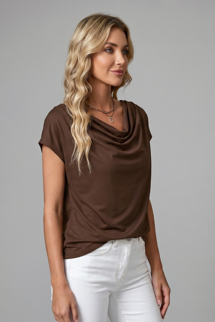 Casual chic women's blouse, a relaxed fit short sleeve top with an elegant draped cowl neckline.
