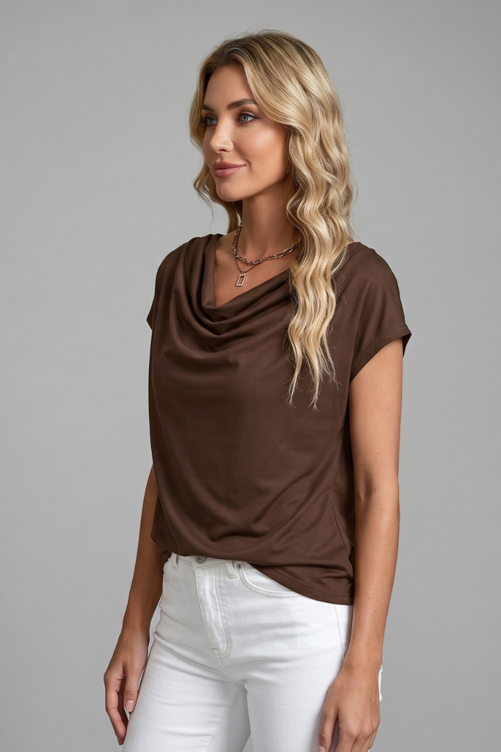 Versatile women's draped cowl neck short sleeve top, ideal for spring and summer everyday style.
