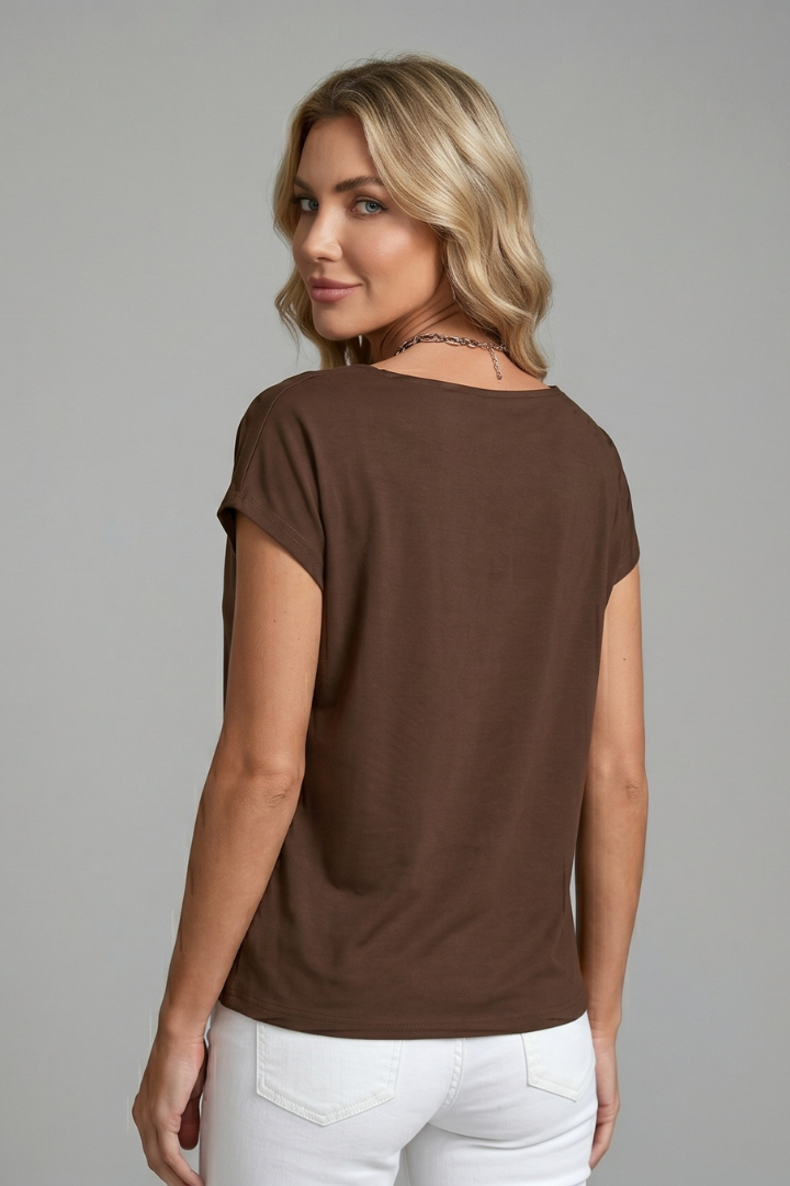 Elegant women's blouse with a flattering draped cowl neck and comfortable short sleeves for modern women.