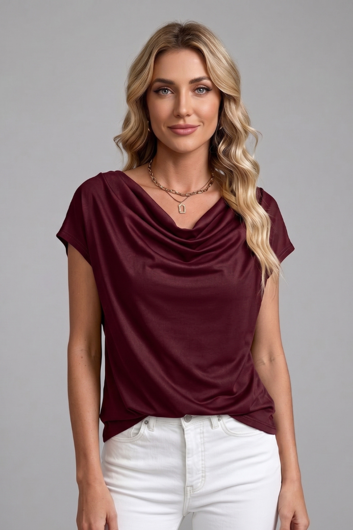 Flowy women's draped cowl neck top, short sleeves, perfect for spring fashion and comfortable wear.