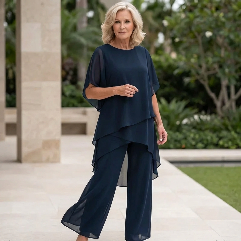 Women's elegant draped palazzo pants and matching top set for a sophisticated look.