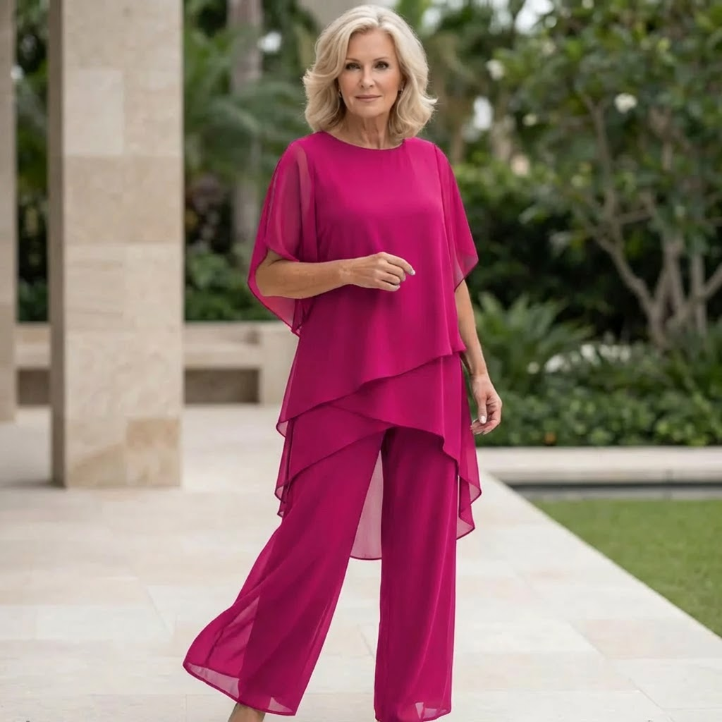 Chic women's two-piece set with long draped palazzo pants and a trendy matching top.