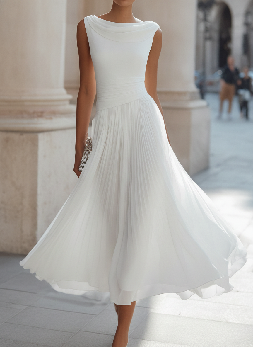 Women's elegant draped pleated midi dress, perfect for wedding guests & formal special occasions.