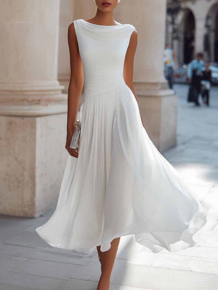 Sleeveless sophisticated midi dress with delicate draping and pleats, ideal for evening parties.