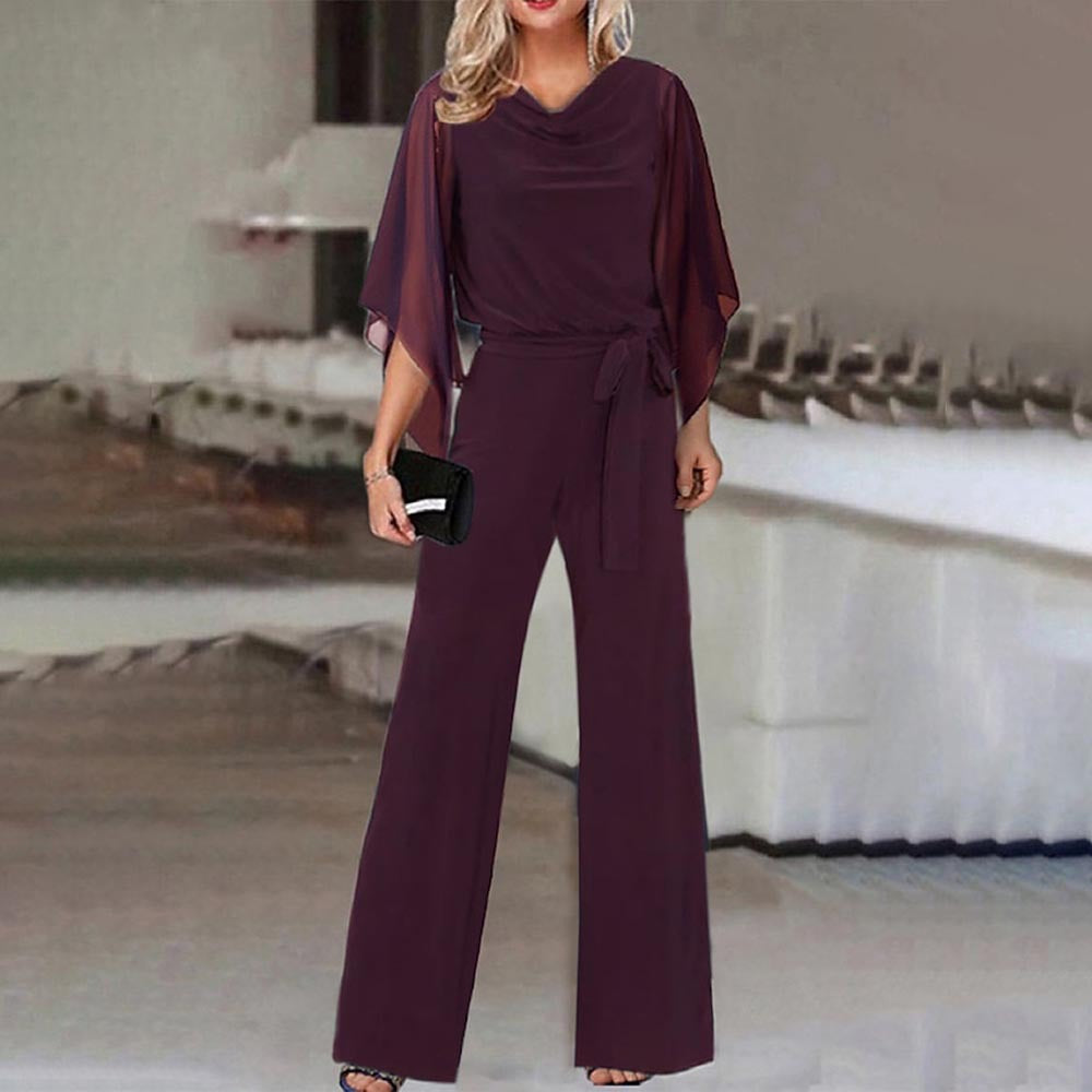 Chic wide leg jumpsuit for women with a sophisticated wide neckline and flowing sleeves.