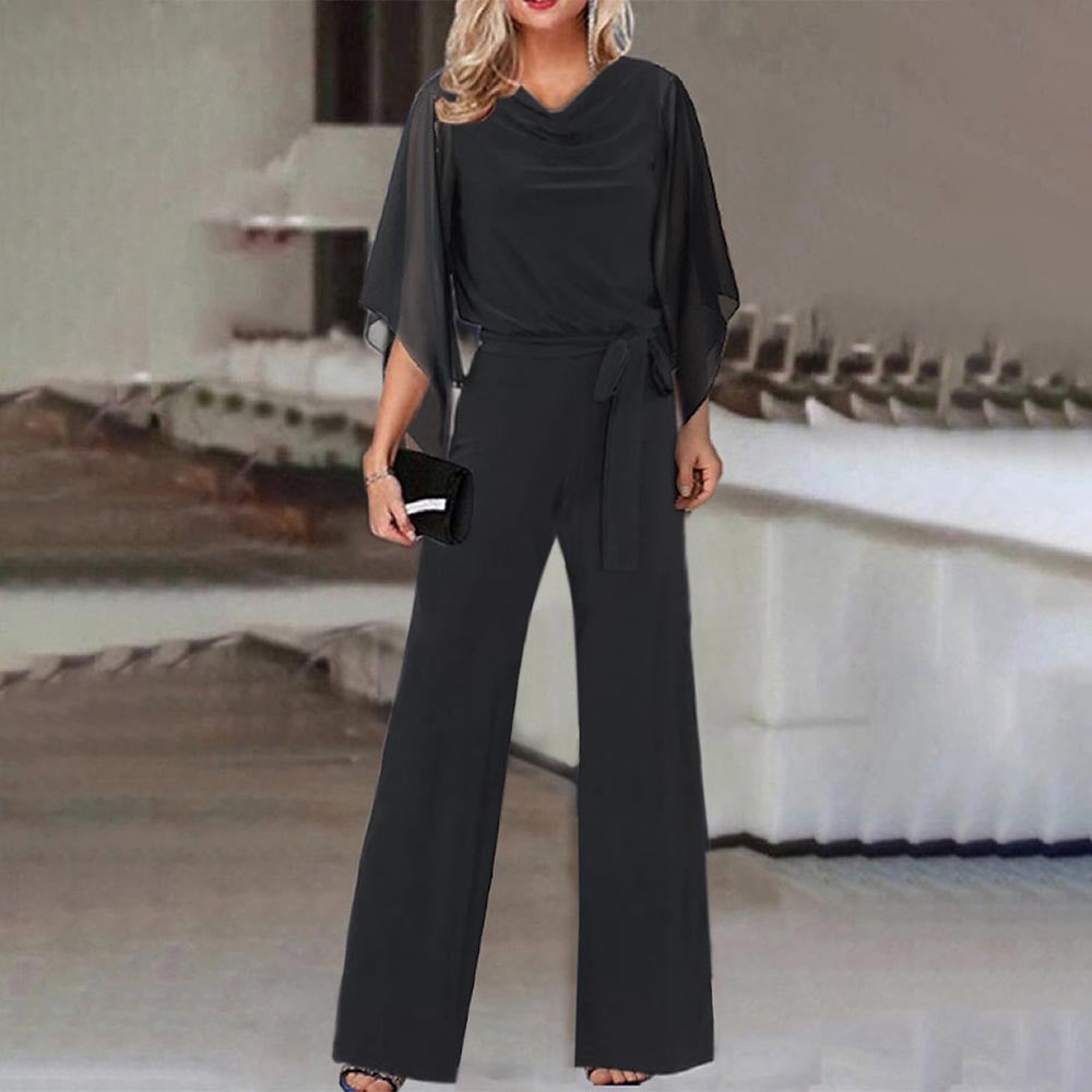 Elegant evening wear jumpsuit, showcasing draped sleeves and a flattering wide leg fit.