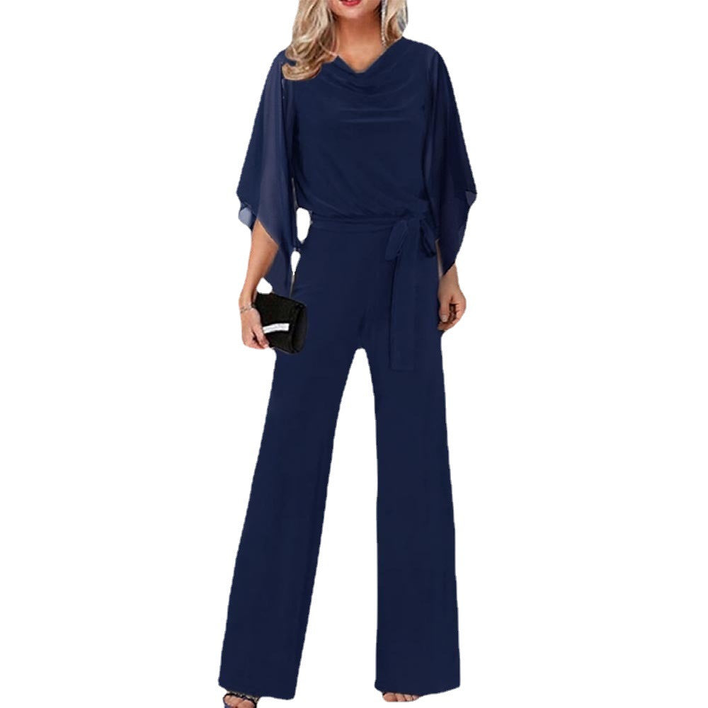 Casual yet stylish women's jumpsuit with elegant draped sleeves and a comfortable wide leg.