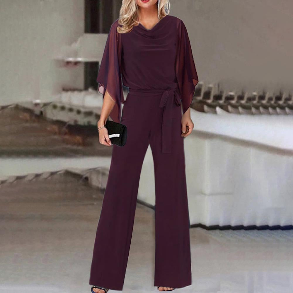 Fashionable women's jumpsuit in an elegant design with unique draped sleeves and wide legs.