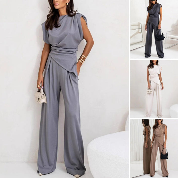 Women's elegant draped top & wide-leg trousers two-piece set; stylish, comfortable coordinated outfit.