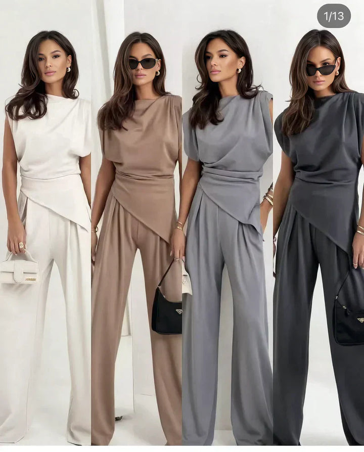 Sleeveless draped top & comfortable wide-leg trousers women's two-piece set; chic & versatile apparel.