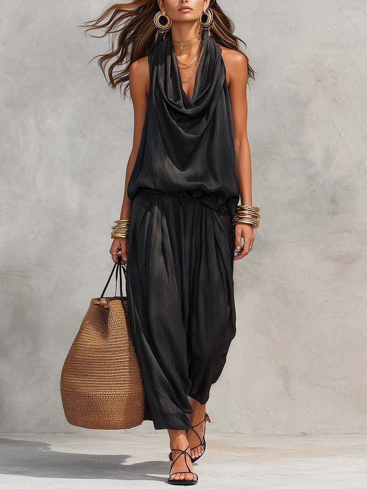 Women's elegant draped two-piece set with cowl neck top & wide-leg trousers, perfect for summer comfort & style.