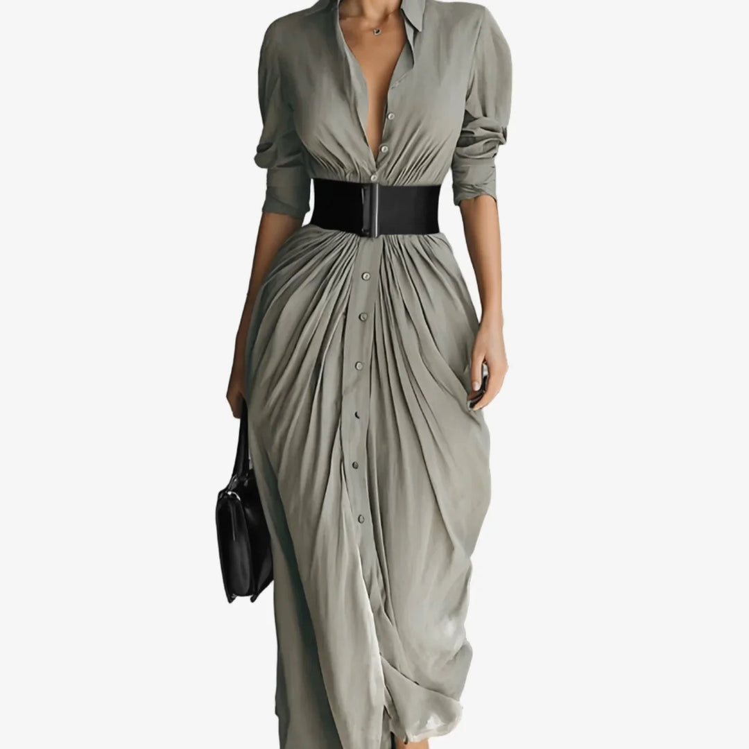 Women's elegant draped V-neck long sleeve midi dress with button front, perfect for work or day to night wear.