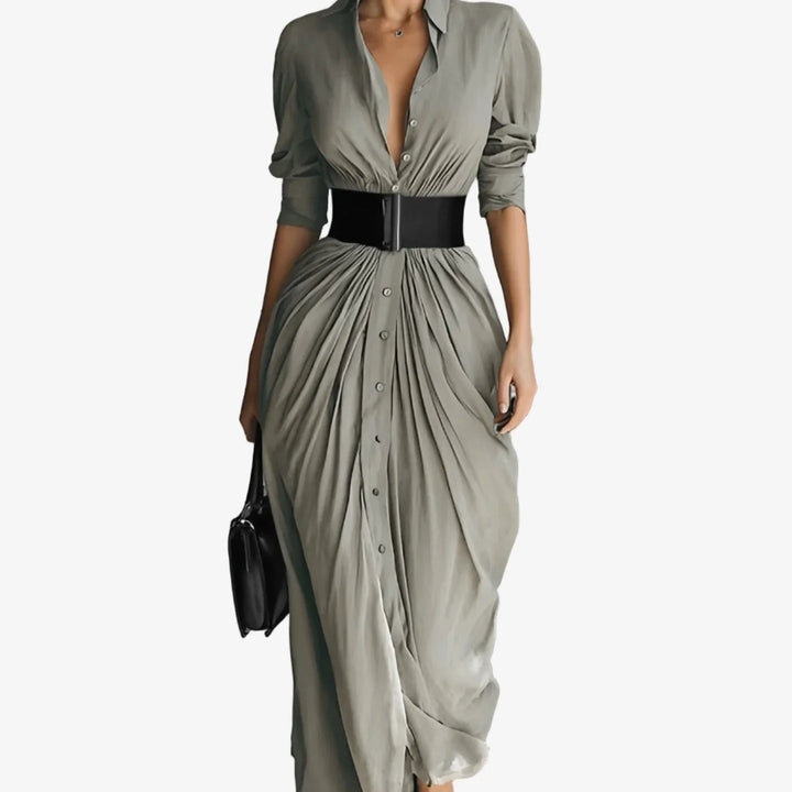 Women's elegant draped V-neck long sleeve midi dress with button front, perfect for work or day to night wear.